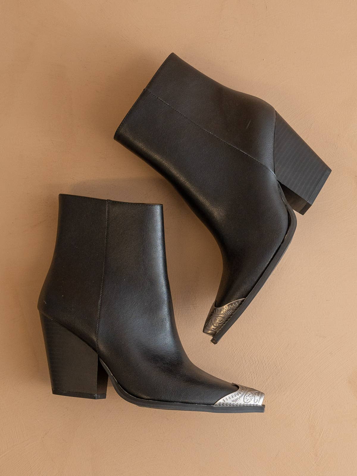The Zion Black | Elegant Western Bootie Etched Metal Toe - UnLaced Boutique