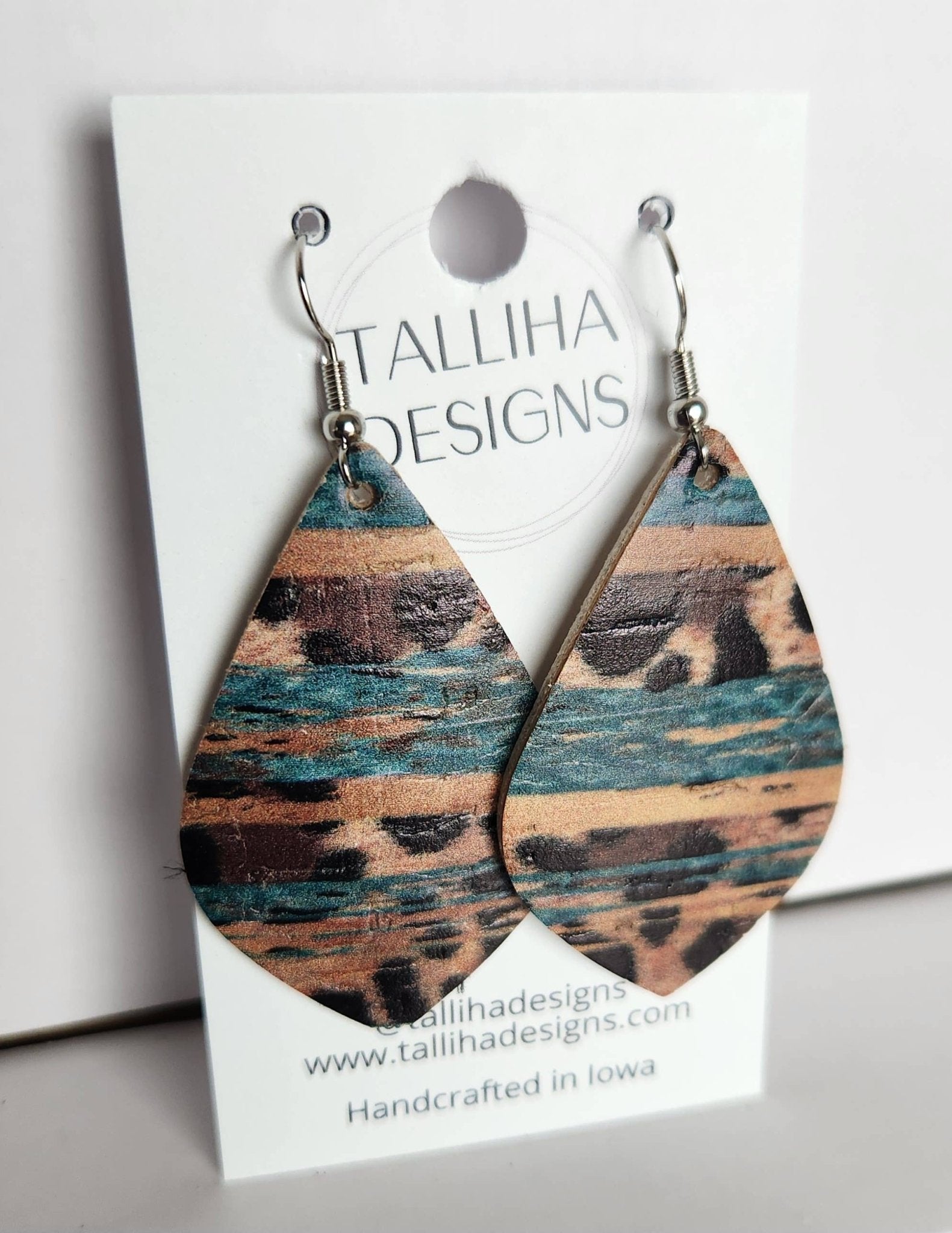 Turquoise Leopard Cork Leather Boho Western Petal Earrings - UnLaced Boutique