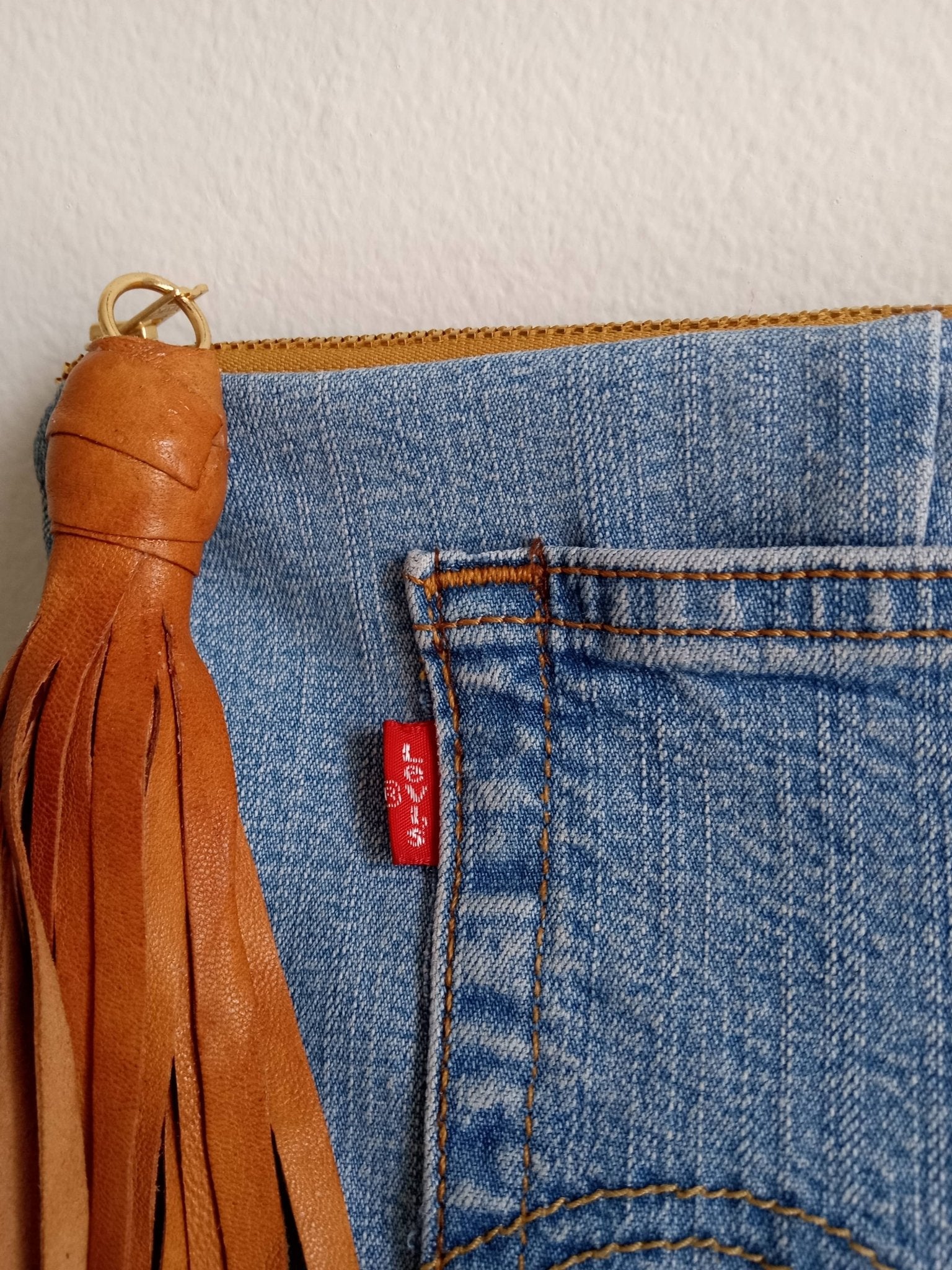 Upcycled Levi Denim Clutch with Tassel - UnLaced Boutique