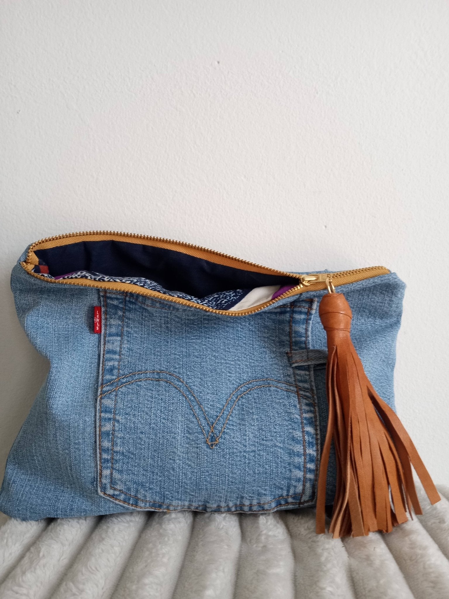 Upcycled Levi Denim Clutch with Tassel - UnLaced Boutique