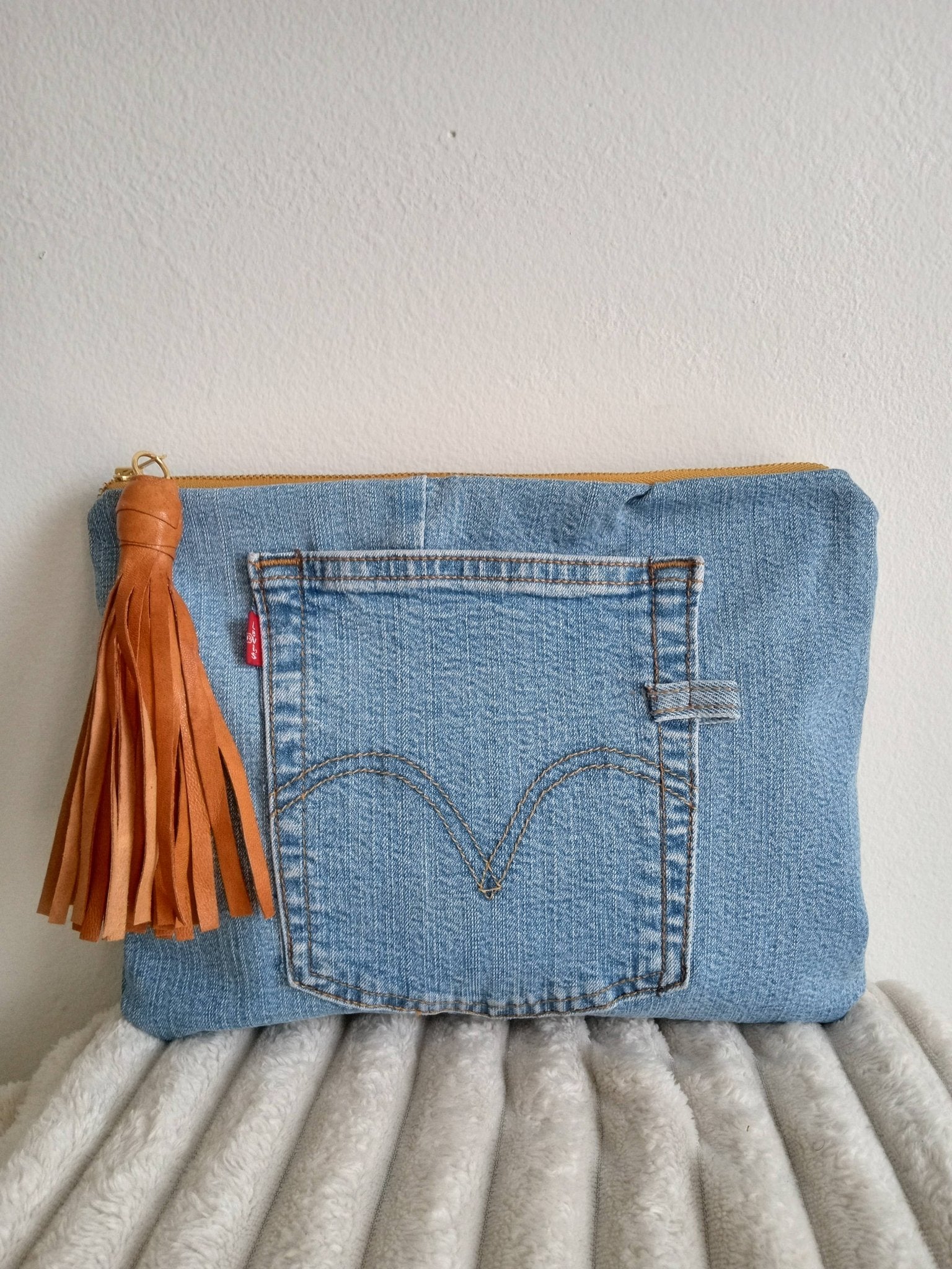 Upcycled Levi Denim Clutch with Tassel - UnLaced Boutique