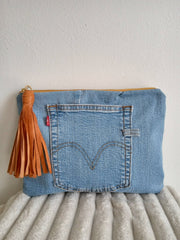 Upcycled Levi Denim Clutch with Tassel - UnLaced Boutique