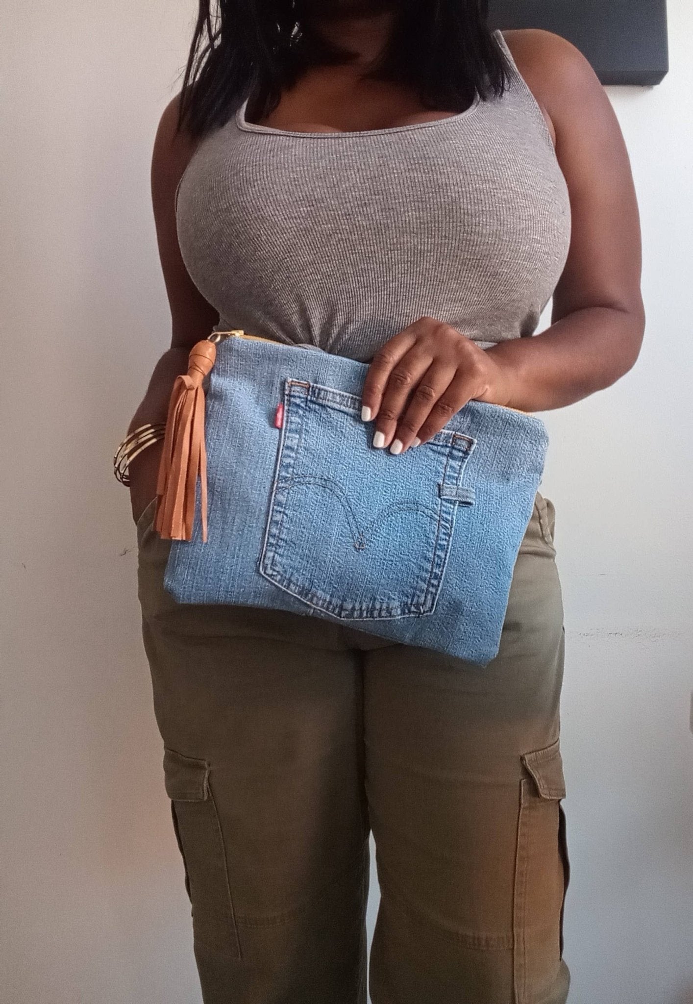 Upcycled Levi Denim Clutch with Tassel - UnLaced Boutique