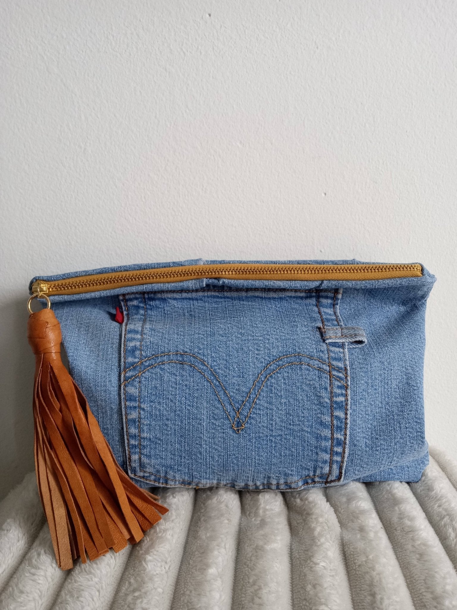 Upcycled Levi Denim Clutch with Tassel - UnLaced Boutique