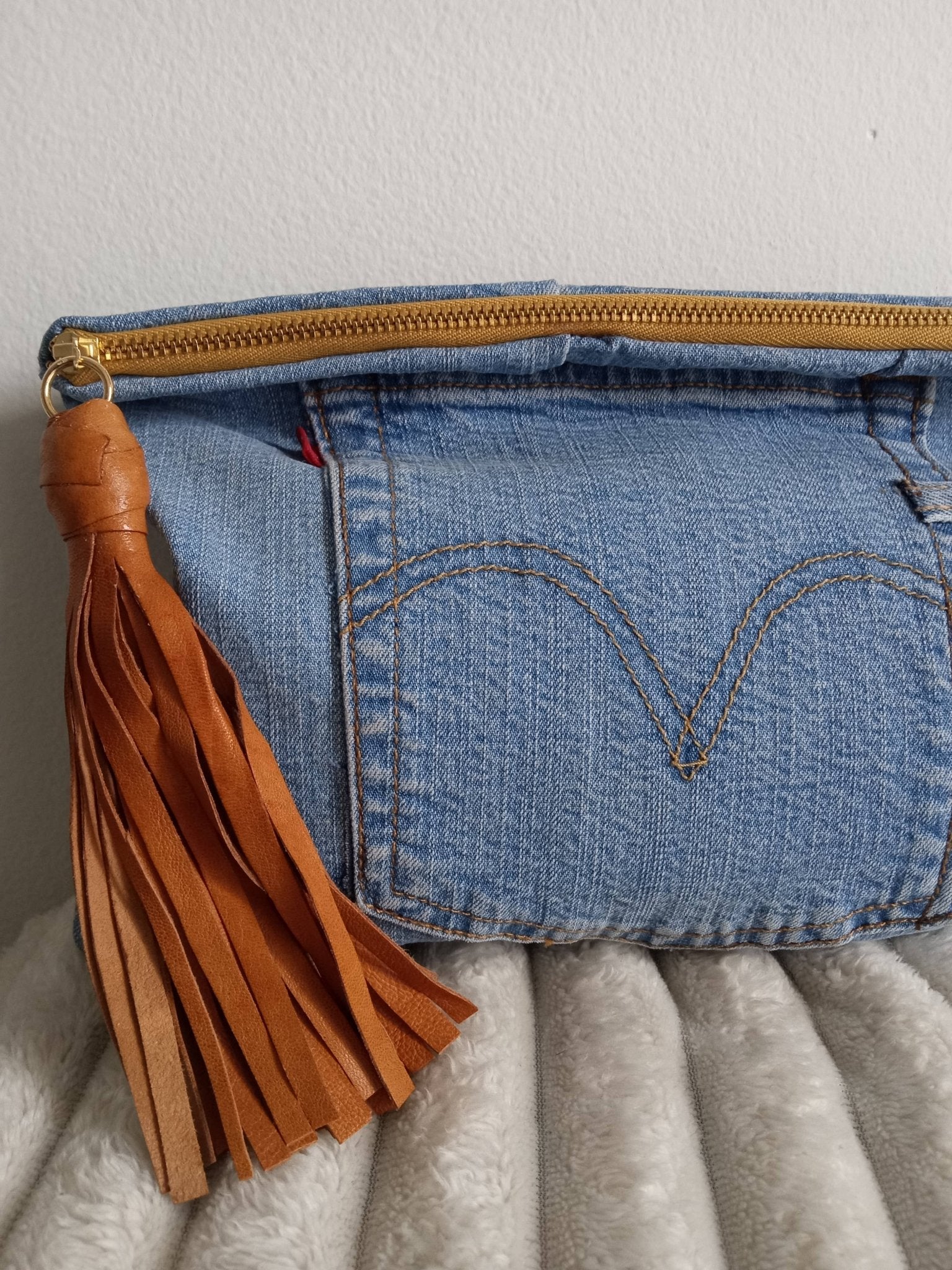 Upcycled Levi Denim Clutch with Tassel - UnLaced Boutique