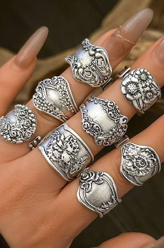 VINTAGE BOHO FLORAL STATEMENT PACK OF 8 RINGS - UnLaced Boutique