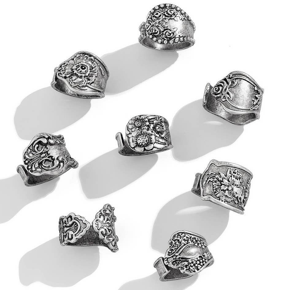 VINTAGE BOHO FLORAL STATEMENT PACK OF 8 RINGS - UnLaced Boutique
