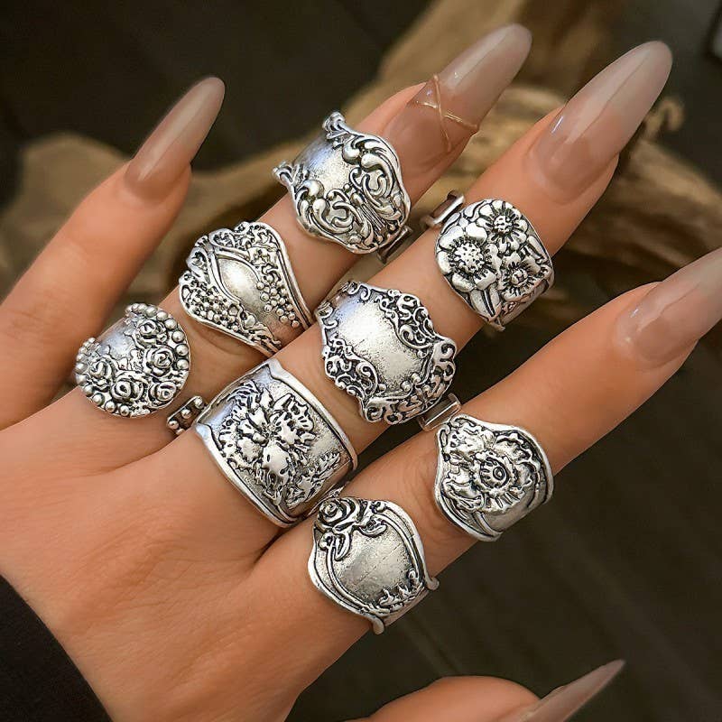 VINTAGE BOHO FLORAL STATEMENT PACK OF 8 RINGS - UnLaced Boutique