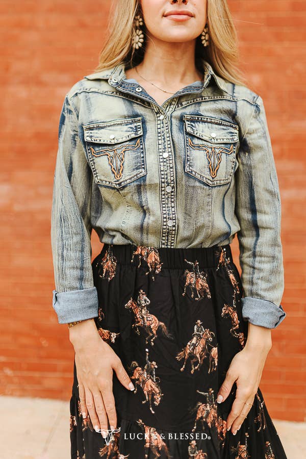 Vintage Denim Wash Cowskull Embroidered Poclet Shirt - UnLaced Boutique