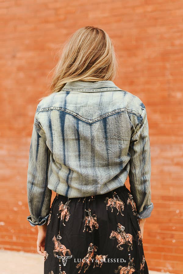 Vintage Denim Wash Cowskull Embroidered Poclet Shirt - UnLaced Boutique