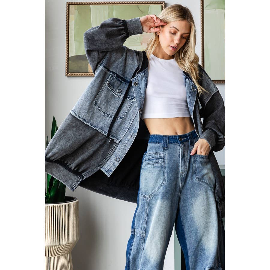 WASHED COLORBLOCK HOODED BUTTON DOWN JACKET - UnLaced Boutique