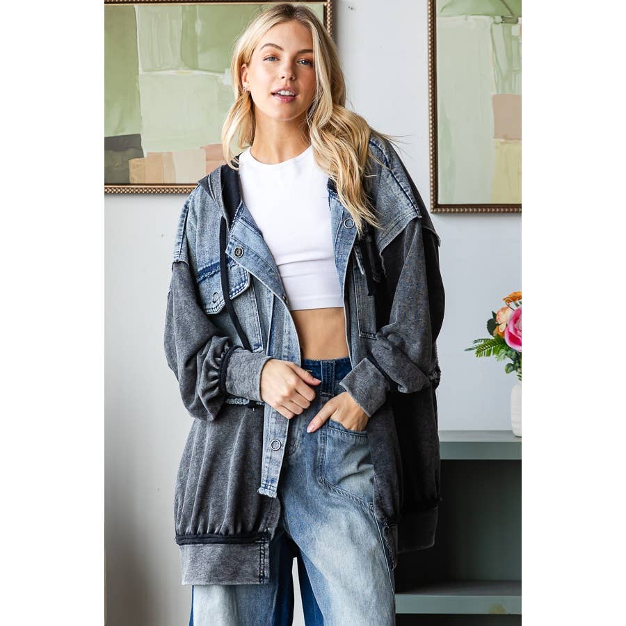 WASHED COLORBLOCK HOODED BUTTON DOWN JACKET - UnLaced Boutique
