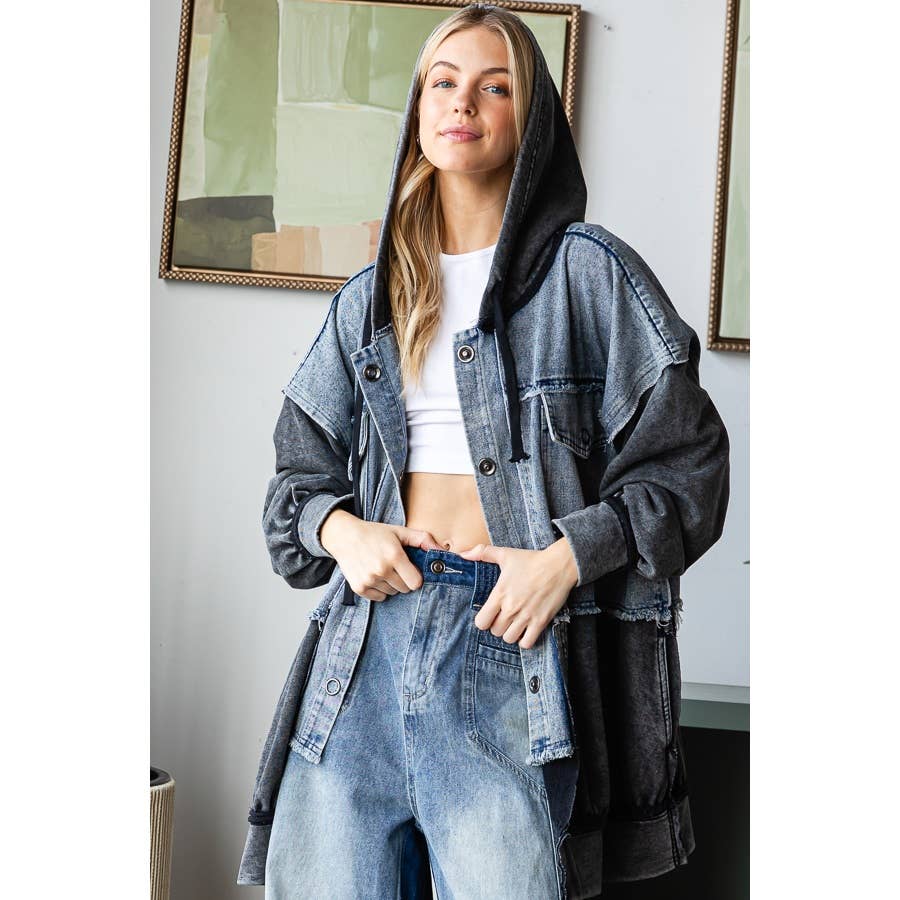 WASHED COLORBLOCK HOODED BUTTON DOWN JACKET - UnLaced Boutique