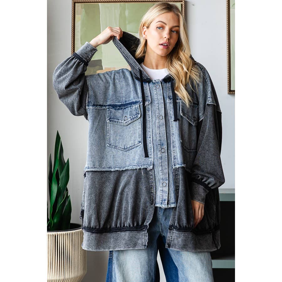 WASHED COLORBLOCK HOODED BUTTON DOWN JACKET - UnLaced Boutique