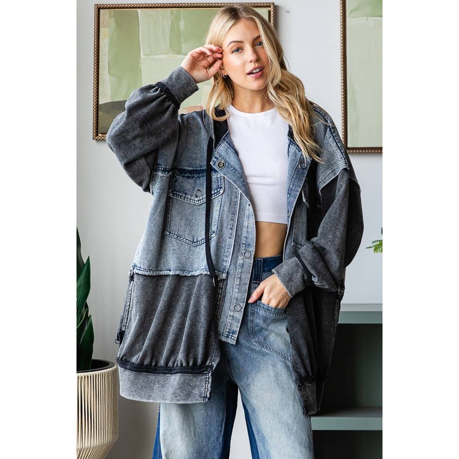 WASHED COLORBLOCK HOODED BUTTON DOWN JACKET - UnLaced Boutique