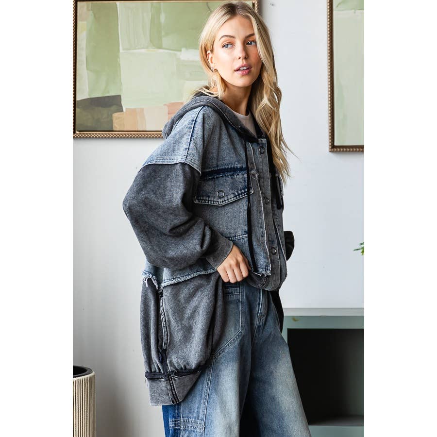 WASHED COLORBLOCK HOODED BUTTON DOWN JACKET - UnLaced Boutique