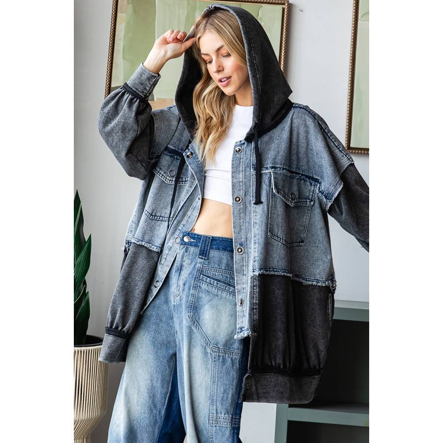 WASHED COLORBLOCK HOODED BUTTON DOWN JACKET - UnLaced Boutique