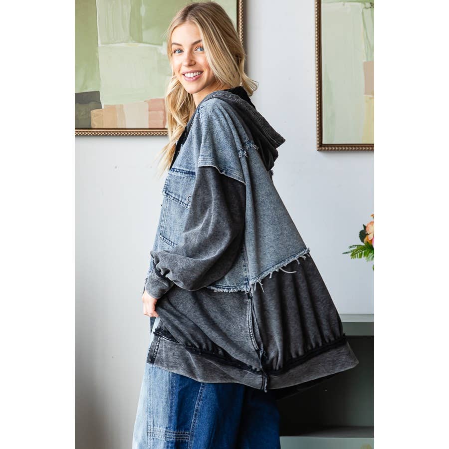 WASHED COLORBLOCK HOODED BUTTON DOWN JACKET - UnLaced Boutique