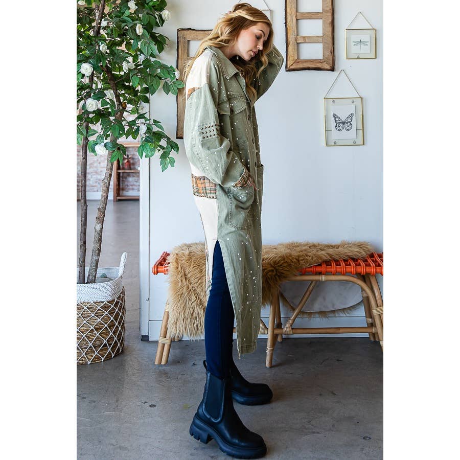 WASHED STUDDED DETAIL PATCHWORK BACK LONG JACKET - UnLaced Boutique