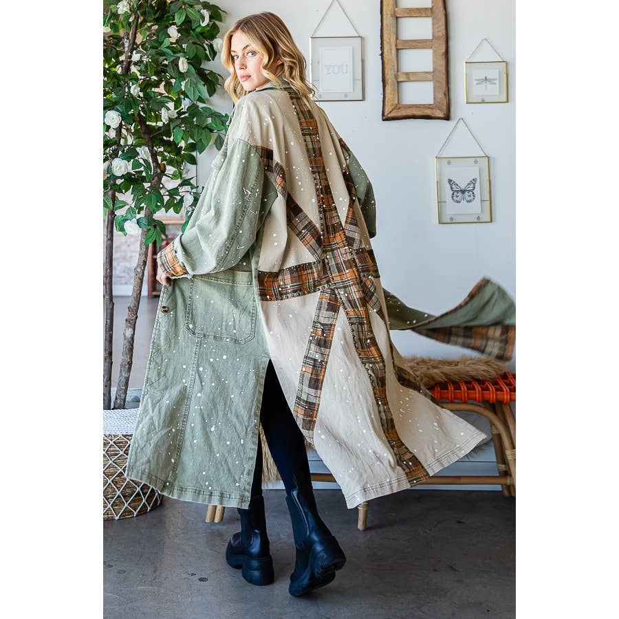 WASHED STUDDED DETAIL PATCHWORK BACK LONG JACKET - UnLaced Boutique