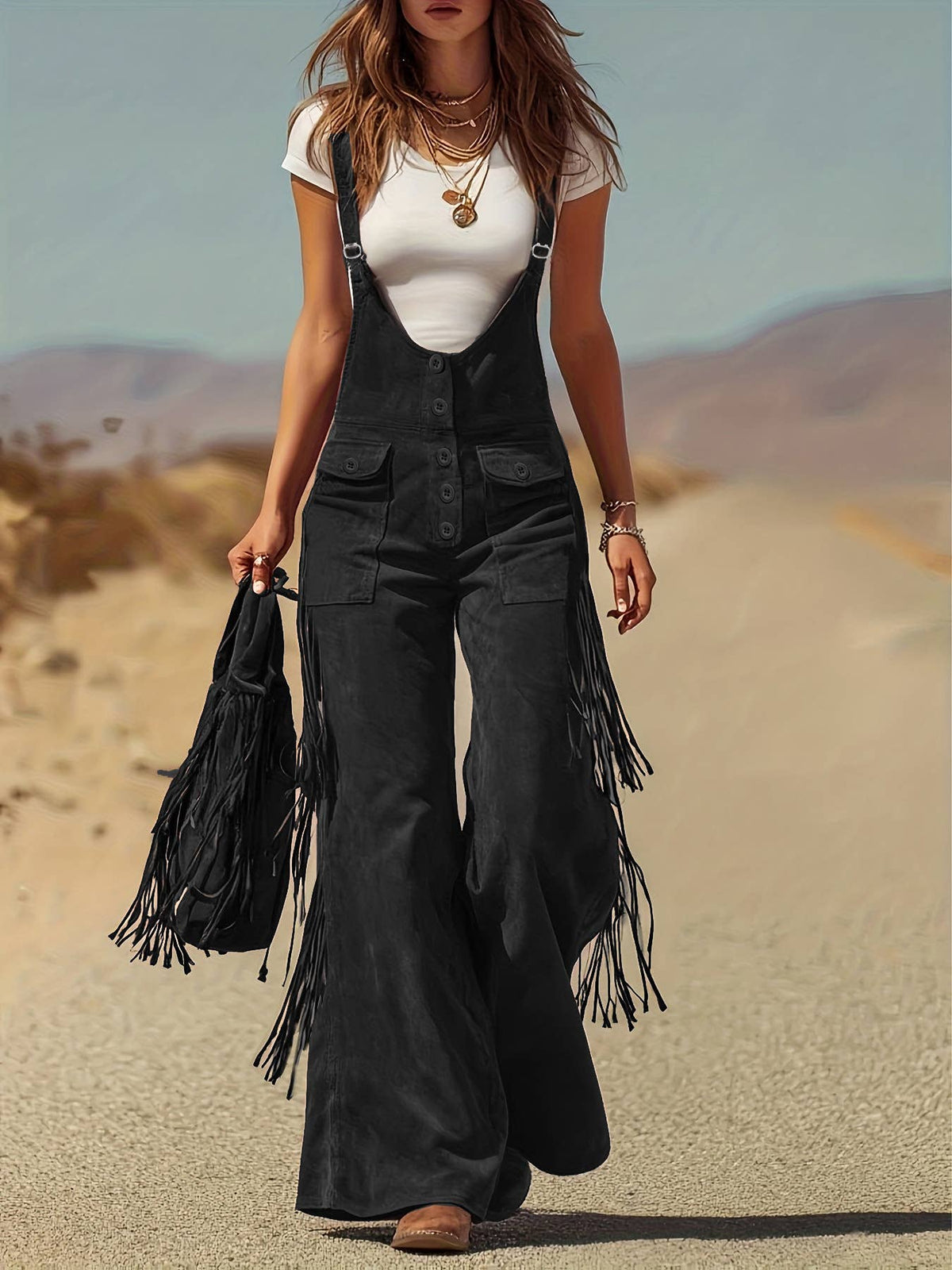 Western Cowgirl Fringe Overalls - Black - UnLaced Boutique