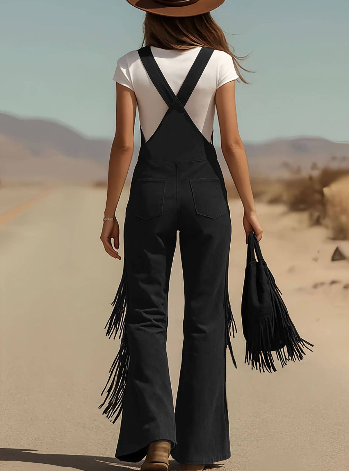 Western Cowgirl Fringe Overalls - Black - UnLaced Boutique