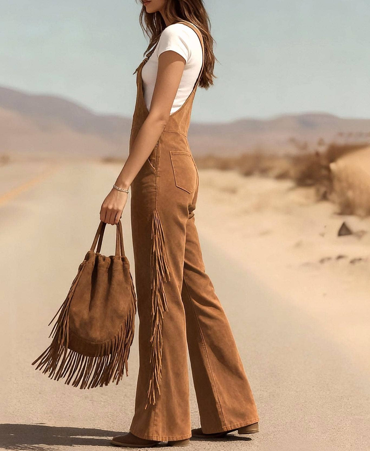 Western Cowgirl Fringe Overalls - Brown - UnLaced Boutique