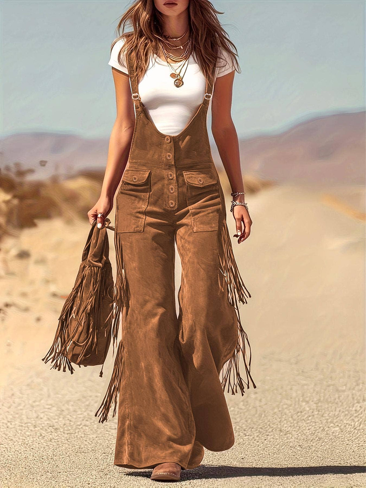 Western Cowgirl Fringe Overalls - Brown - UnLaced Boutique