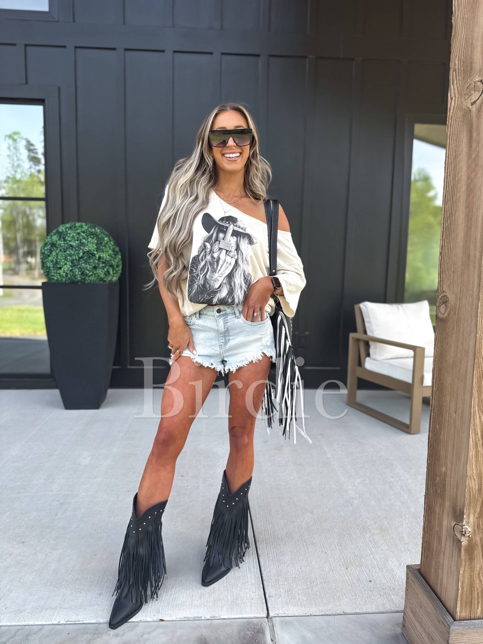 Western Cowgirl OFF SHOULDER Graphic Tee on Ivory - UnLaced Boutique