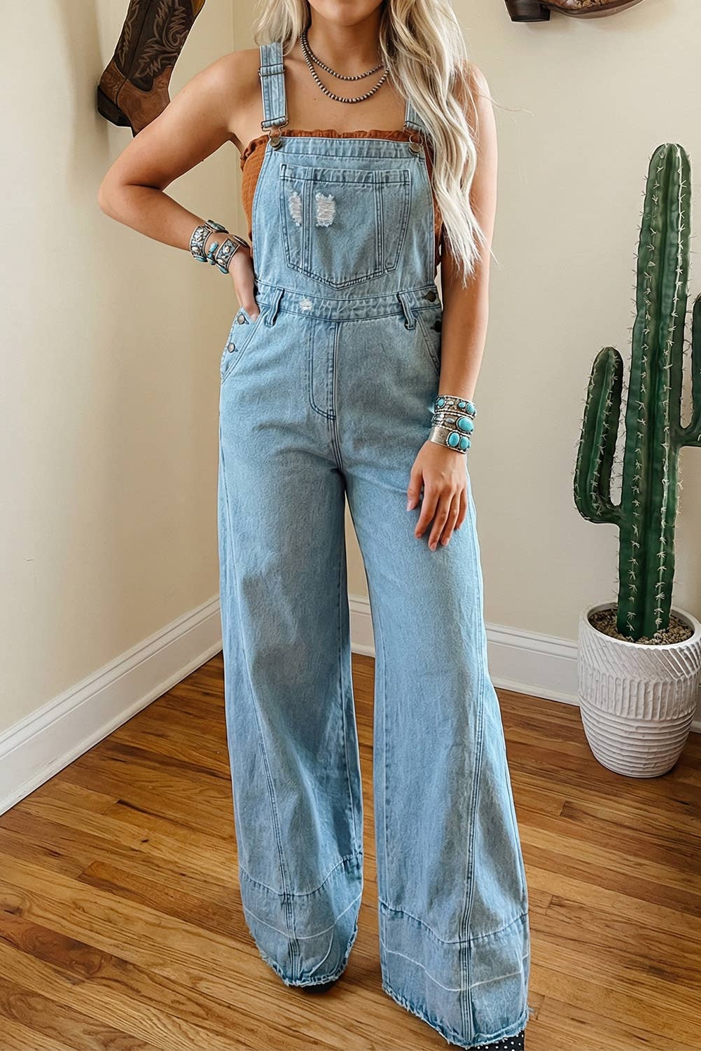 Western Distressed Denim Overalls Wide - Leg Jumpsuit - UnLaced Boutique