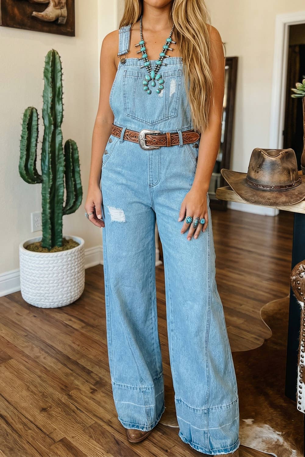 Western Distressed Denim Overalls Wide - Leg Jumpsuit - UnLaced Boutique