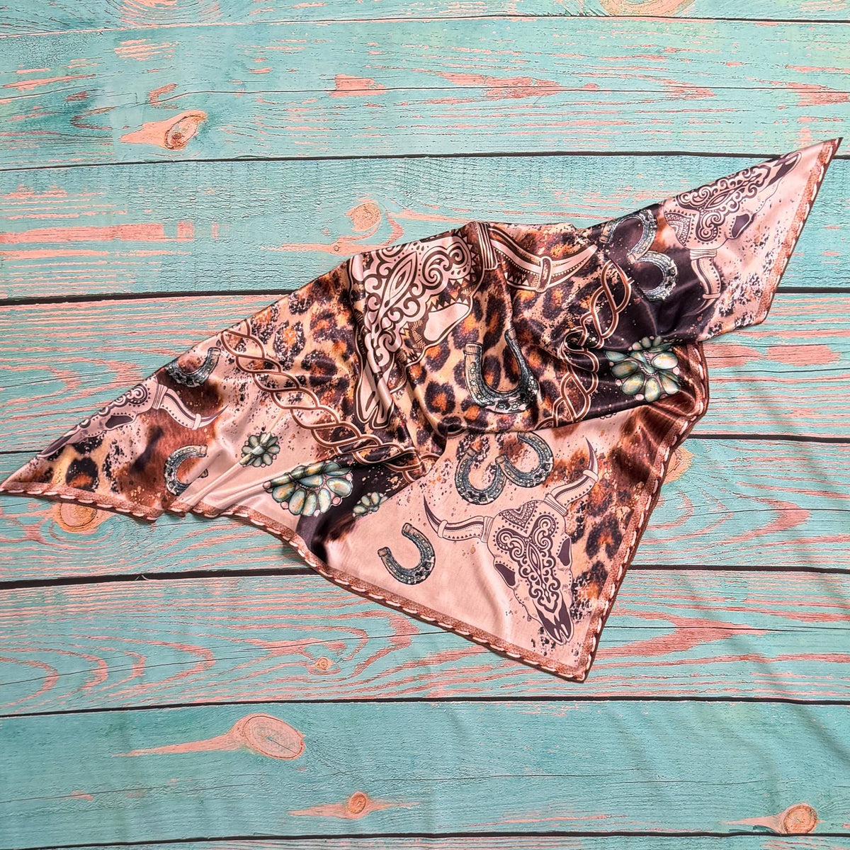 WESTERN LONGHORN TURQUOISE PRINT SILK SCARF - Khaki/Turquoise - UnLaced Boutique