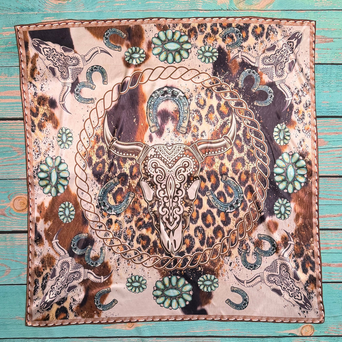WESTERN LONGHORN TURQUOISE PRINT SILK SCARF - Khaki/Turquoise - UnLaced Boutique