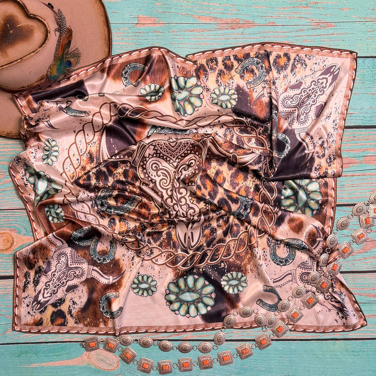 WESTERN LONGHORN TURQUOISE PRINT SILK SCARF - Khaki/Turquoise - UnLaced Boutique