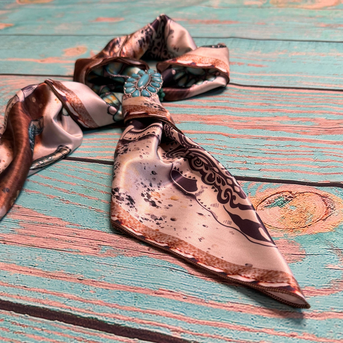 WESTERN LONGHORN TURQUOISE PRINT SILK SCARF - Khaki/Turquoise - UnLaced Boutique