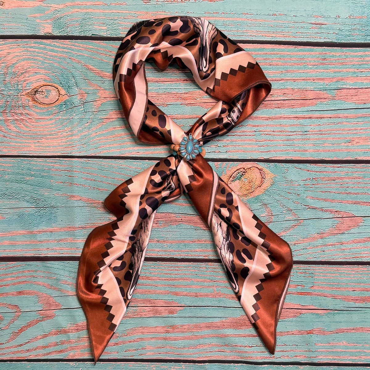WESTERN RODEO PRINT SILK SCARF 36X36 - Mocha/Turquoise - UnLaced Boutique