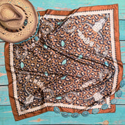 WESTERN RODEO PRINT SILK SCARF 36X36 - Mocha/Turquoise - UnLaced Boutique