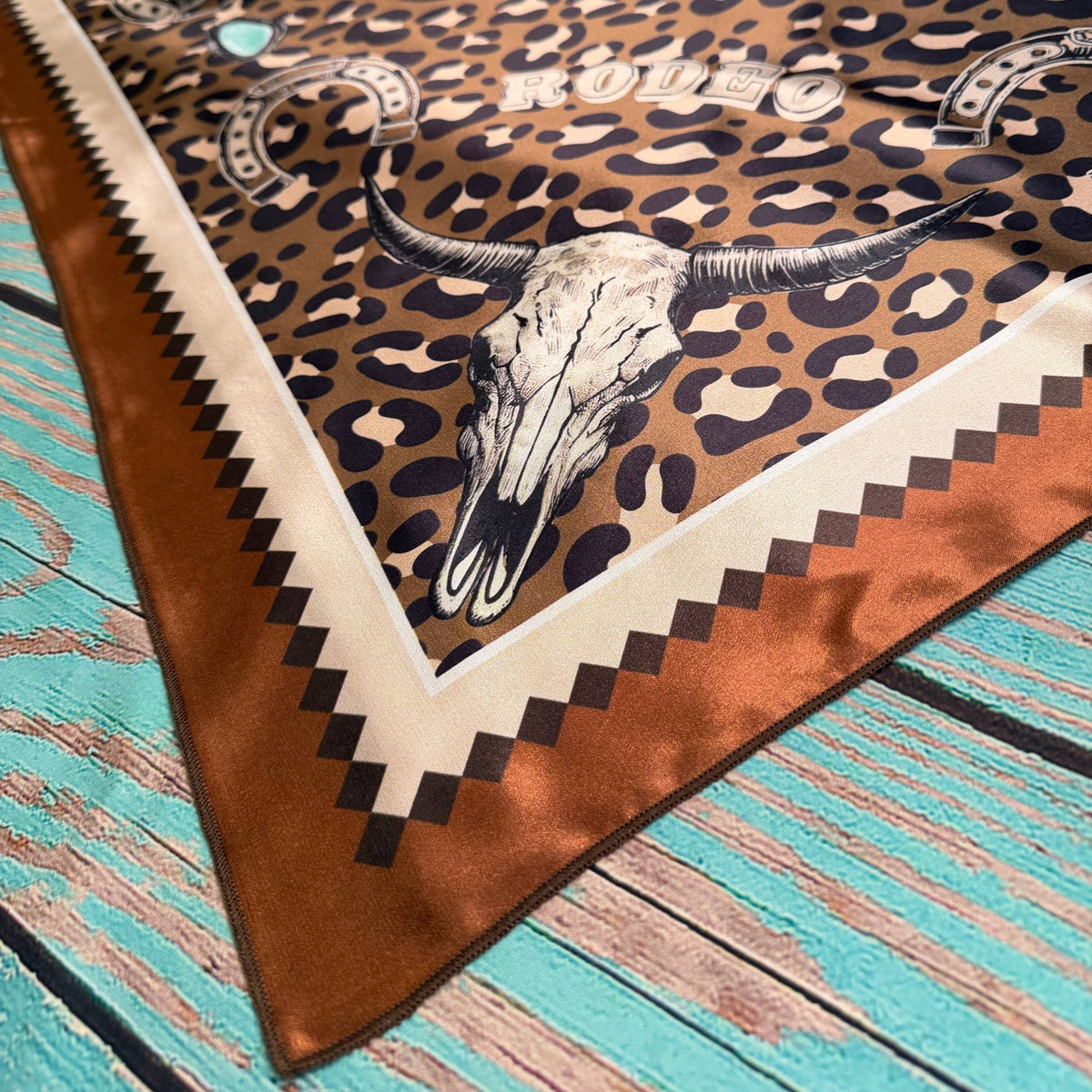 WESTERN RODEO PRINT SILK SCARF 36X36 - Mocha/Turquoise - UnLaced Boutique