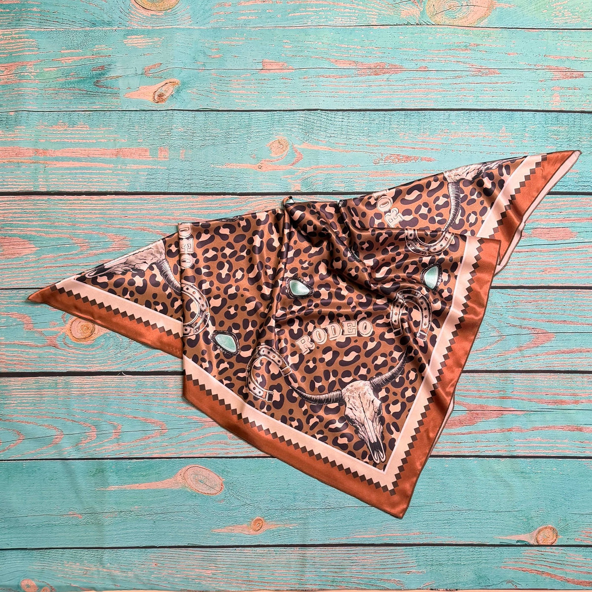 WESTERN RODEO PRINT SILK SCARF 36X36 - Mocha/Turquoise - UnLaced Boutique