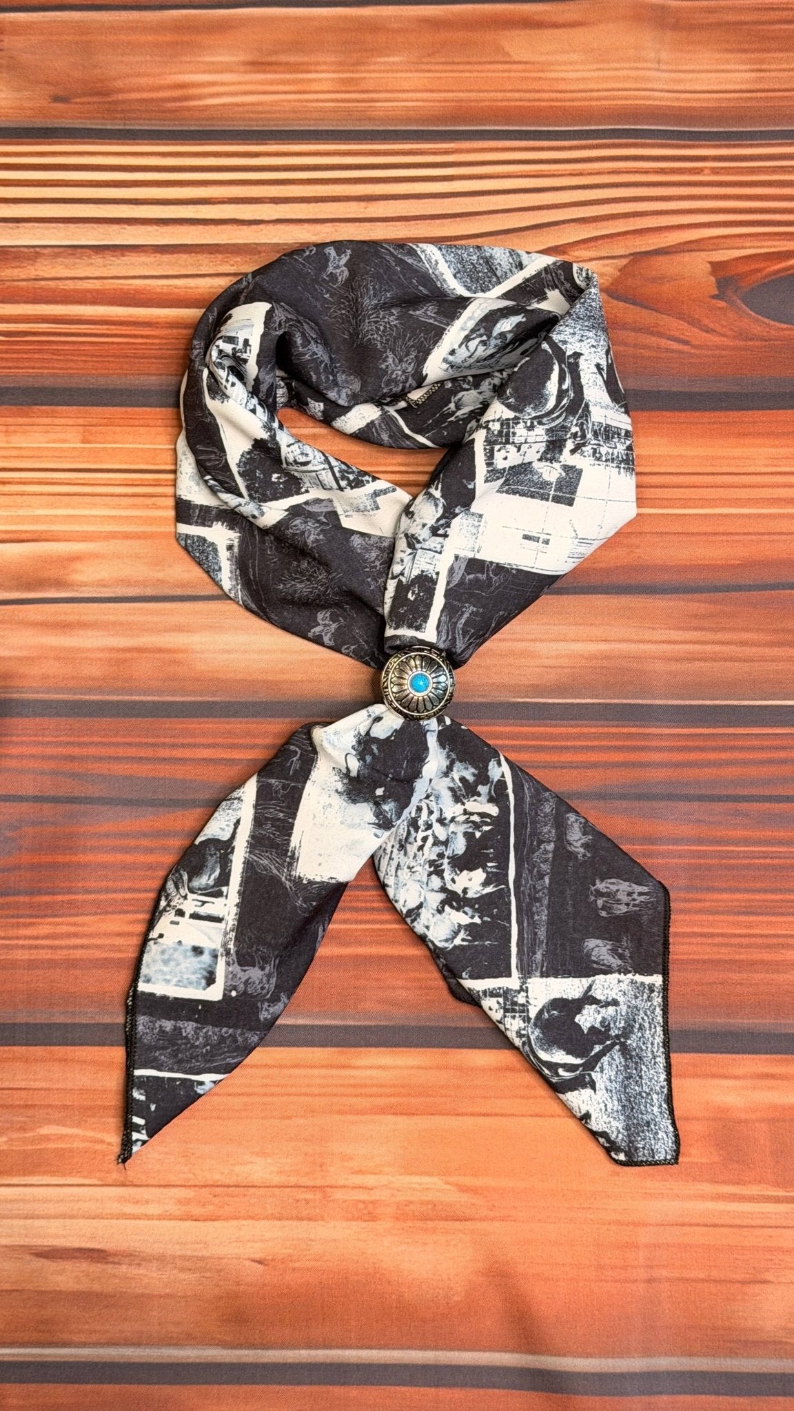 WESTERN RODEO PRINT SQUARE WILD RAG/SCARF 28x28 - Black/Ivory - UnLaced Boutique