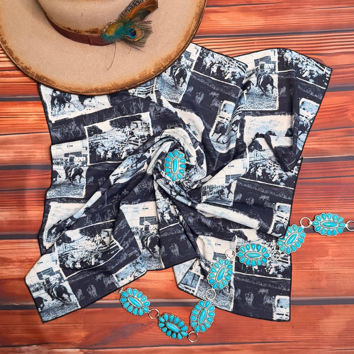 WESTERN RODEO PRINT SQUARE WILD RAG/SCARF 28x28 - Black/Ivory - UnLaced Boutique