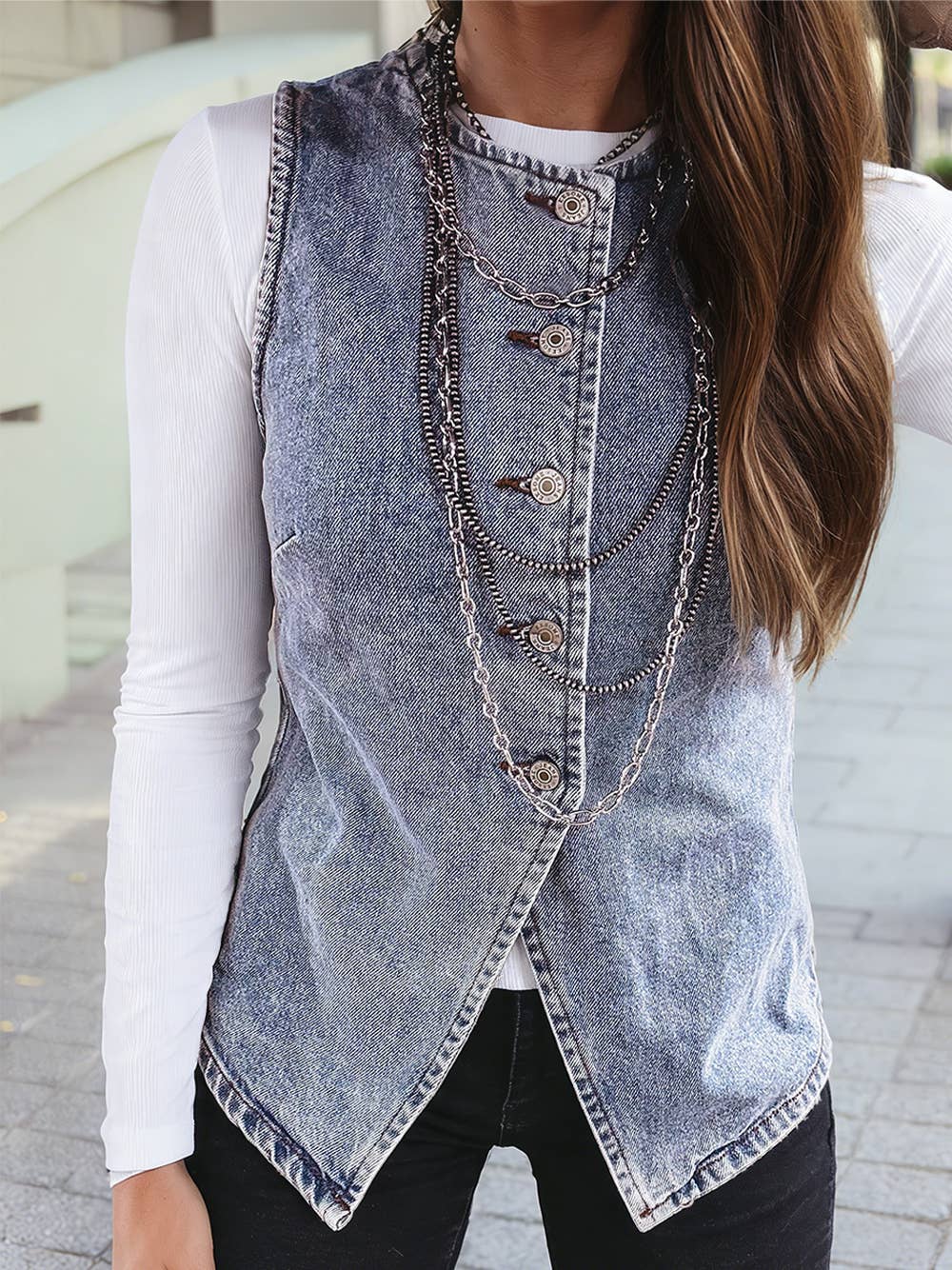 Western Solid Buttoned Front Slit Denim Vest - UnLaced Boutique