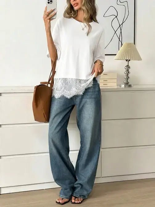 White Lace Trim Soft Lightweight Relaxed Fit Top - UnLaced Boutique