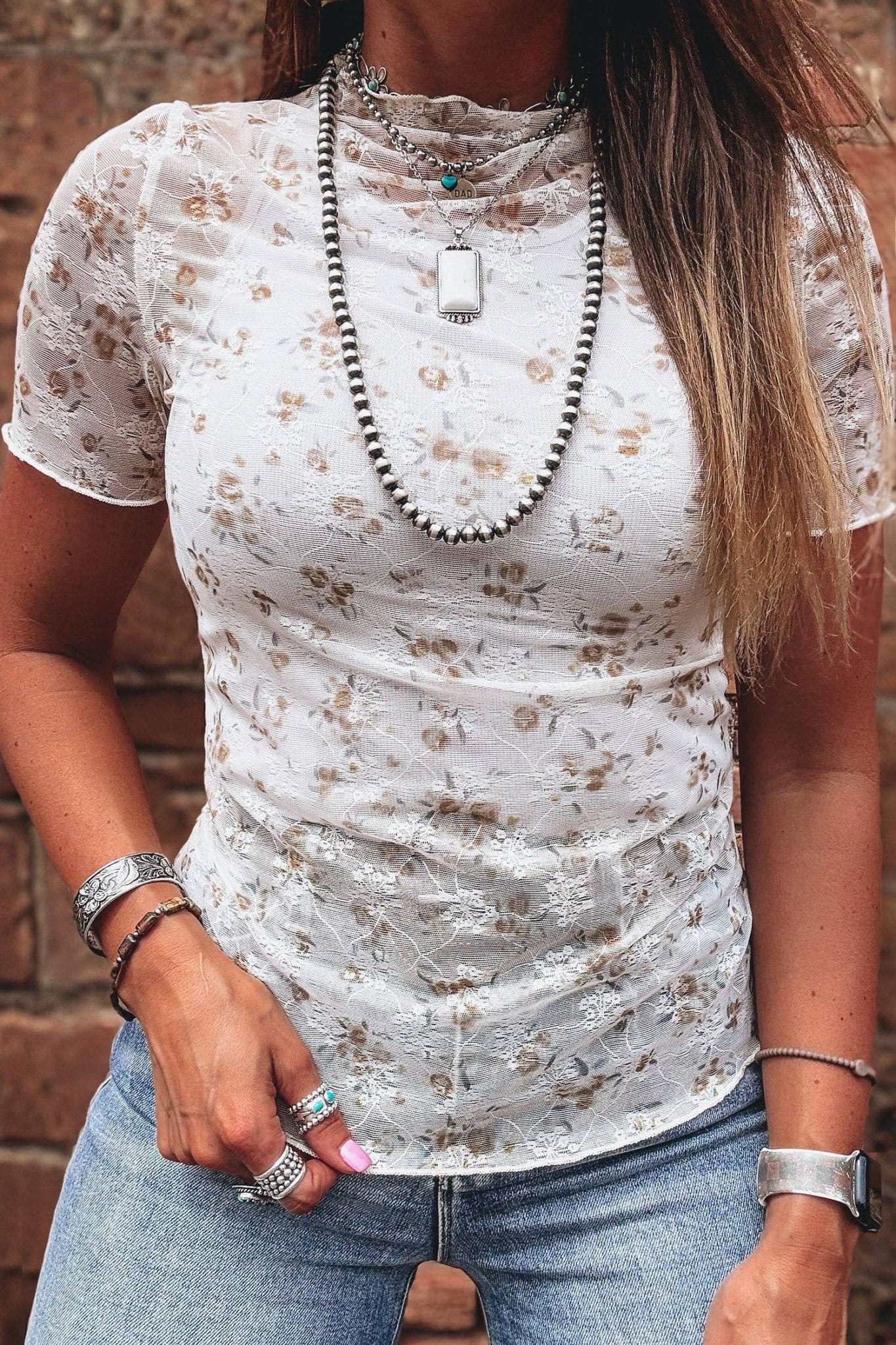 White Mock Neck Short Sleeve Floral Mesh Top - UnLaced Boutique