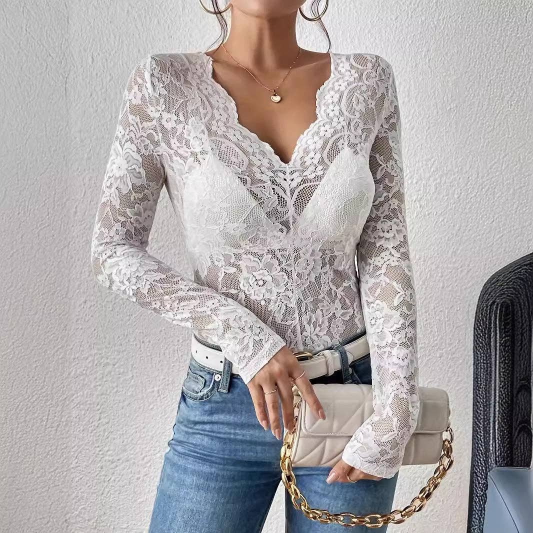 Women's Floral Lace Sheer Top with Scalloped Trim - UnLaced Boutique