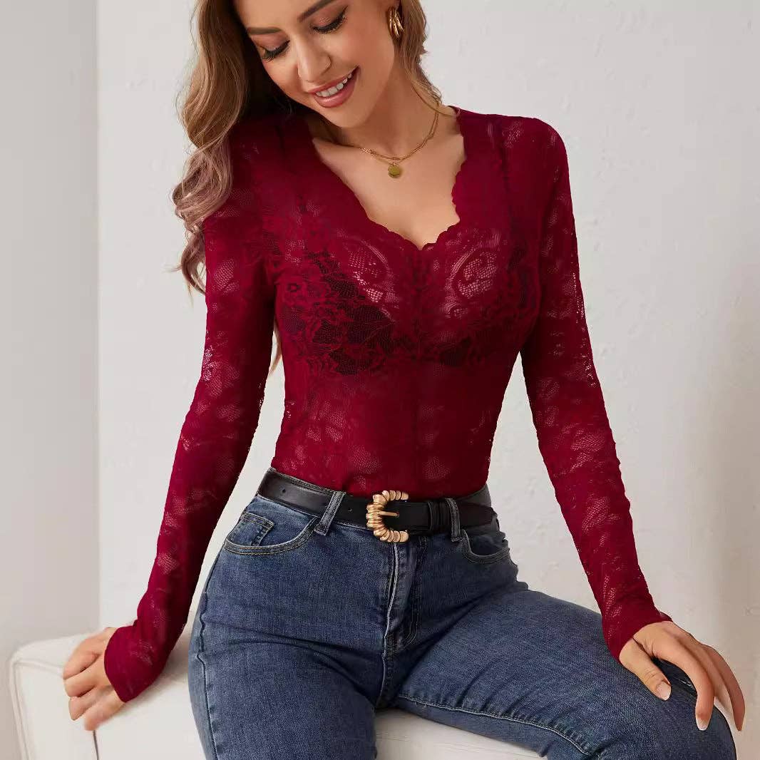 Women's Floral Lace Sheer Top with Scalloped Trim - UnLaced Boutique
