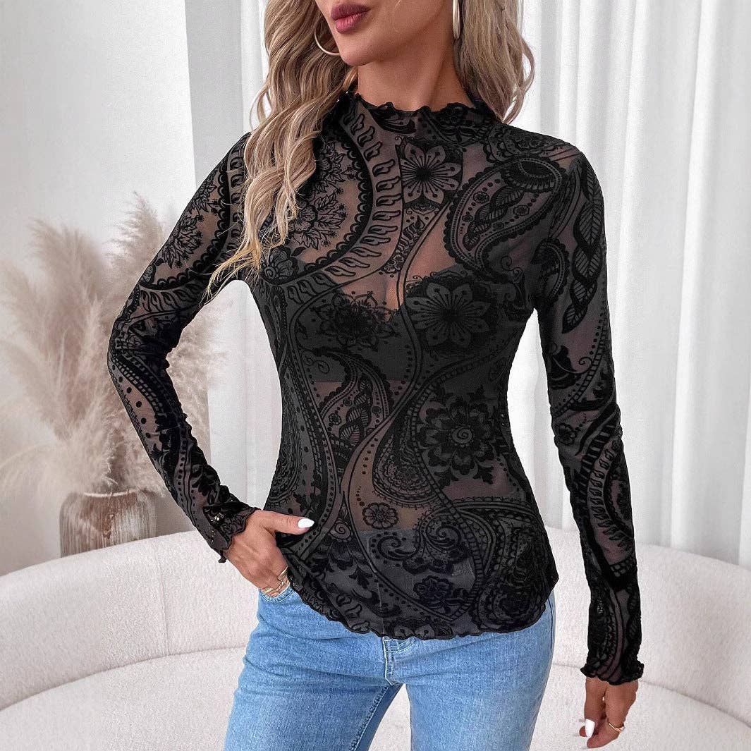 Women's Paisley Flocking Mesh Peplum Long Sleeve - UnLaced Boutique