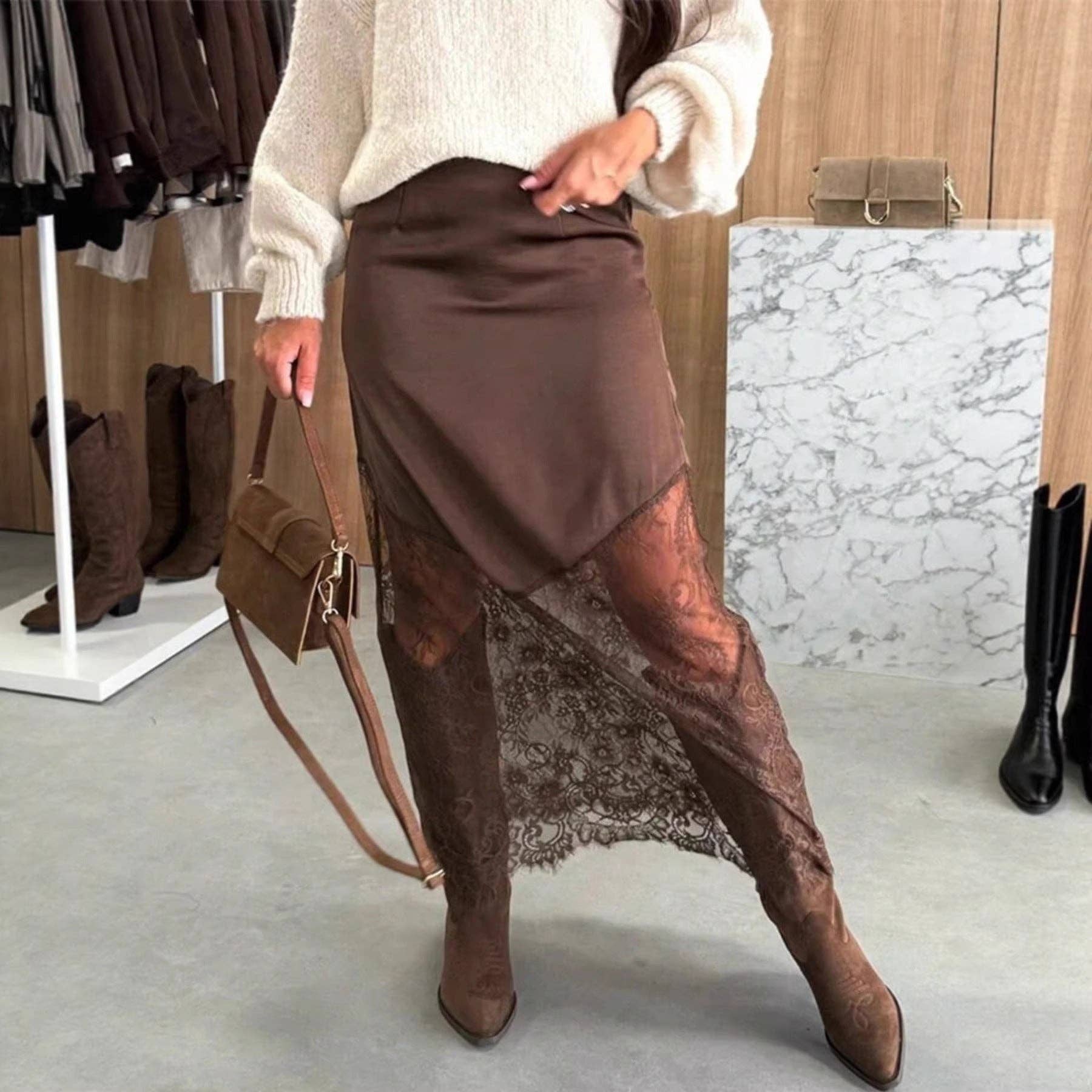Women’s Satin Lace Patchwork High Waist Midi Skirt - UnLaced Boutique