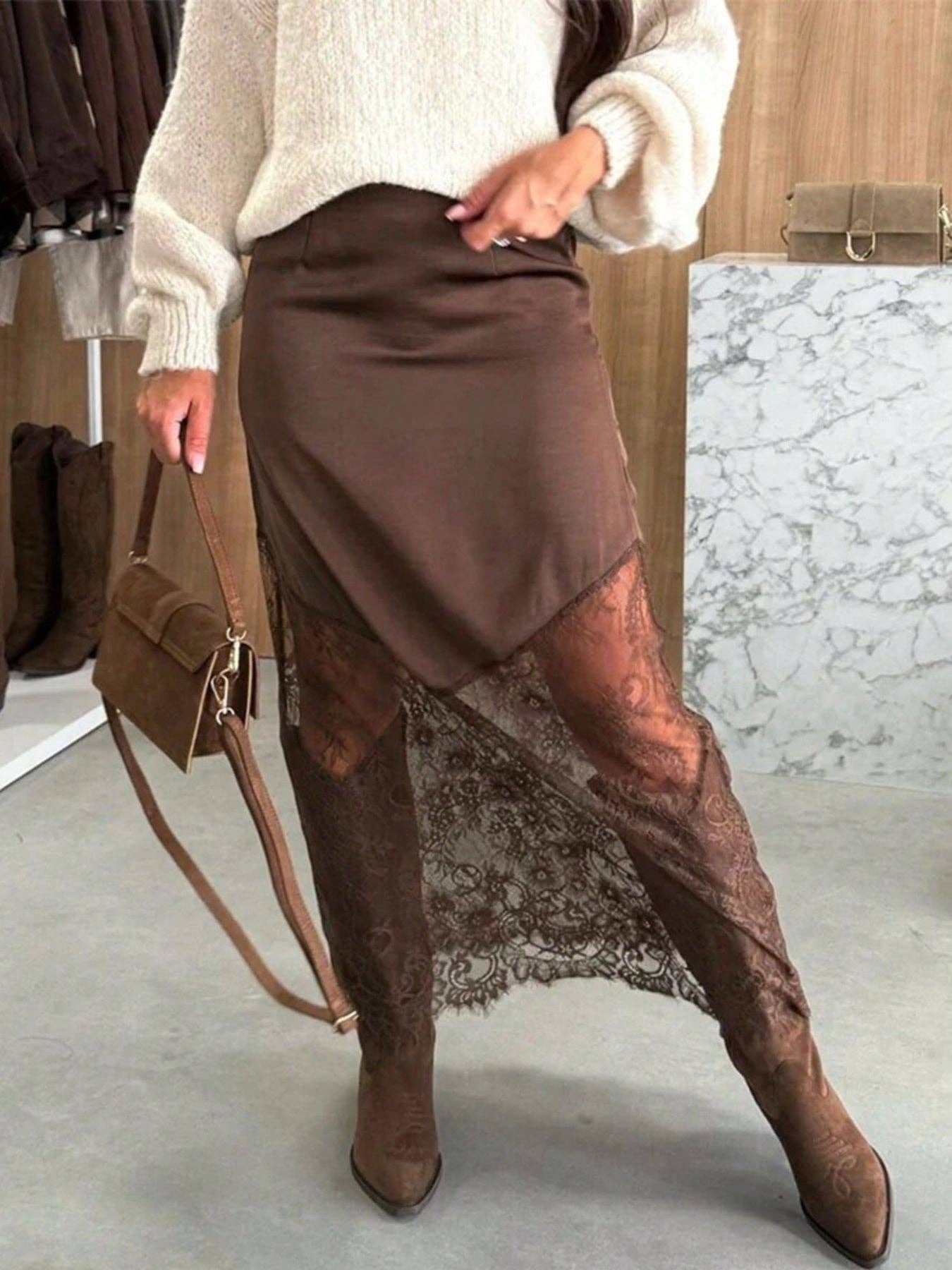 Women’s Satin Lace Patchwork High Waist Midi Skirt - UnLaced Boutique