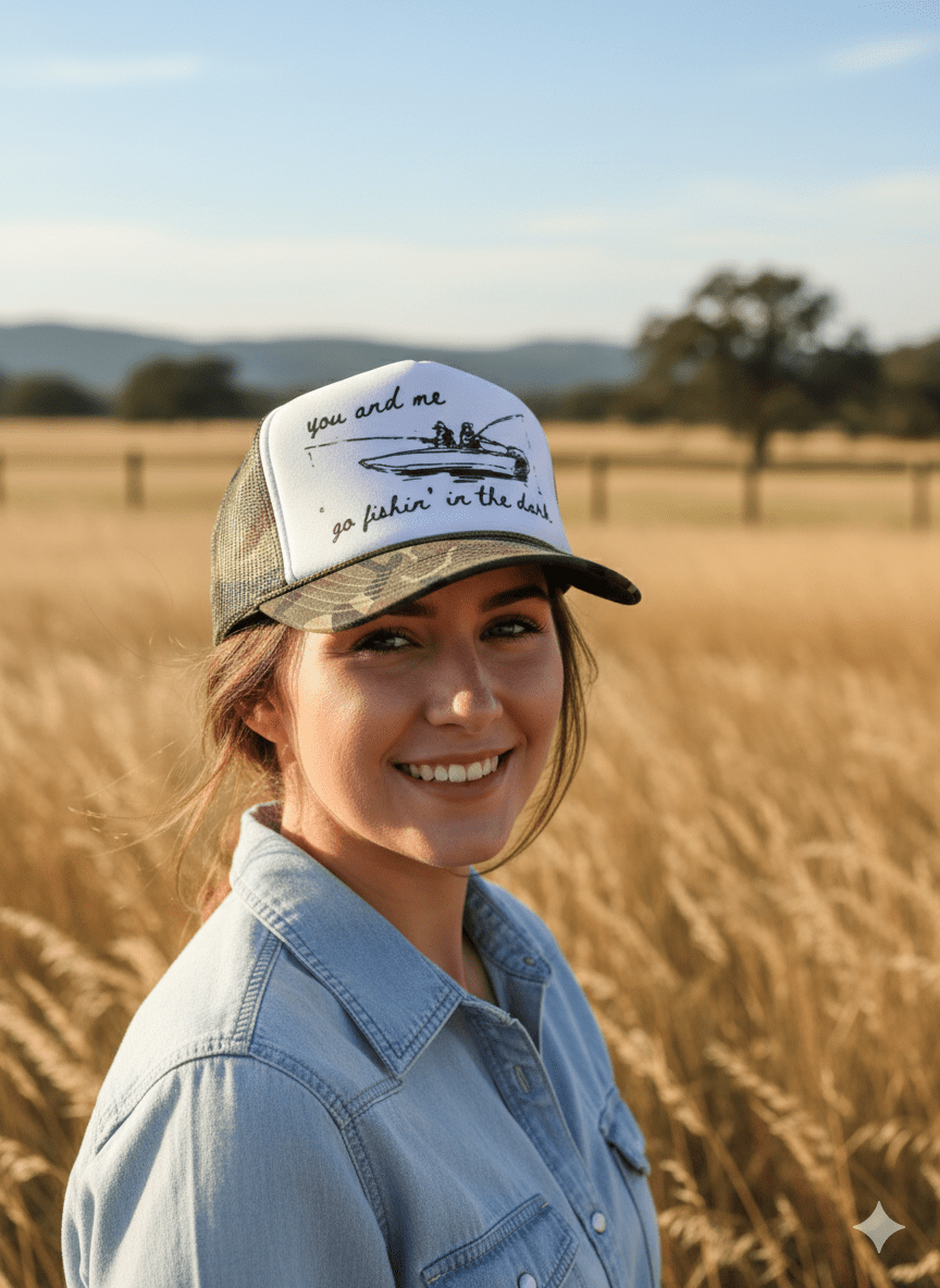 You And Me Go Fishin In The Dark Trucker Hat - Camo & White - UnLaced Boutique